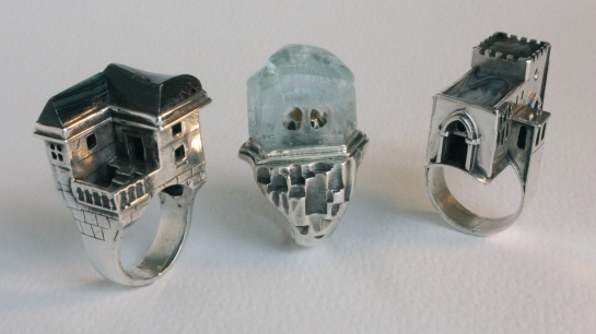 Three architectural rings: Silver, paua shell, aquamarine crystal, carnelian, paua shell